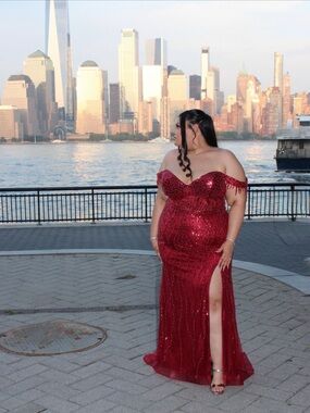 Off-Shoulder Sequin Evening Gown in Deep Red
